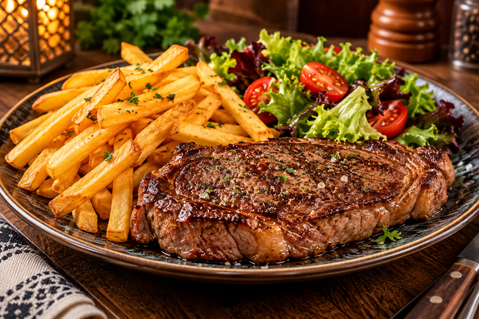 Faux-filet grillé accompagné de frites et salade – cuisine française Ô & Cimes