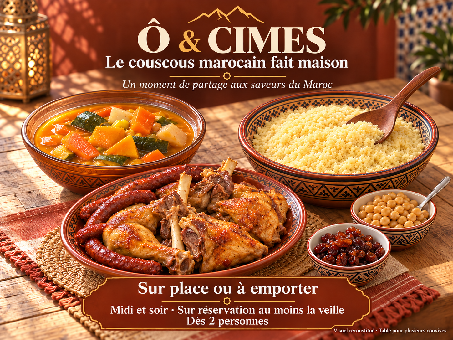 Couscous marocain servi séparément — visuel reconstitué pour plusieurs convives